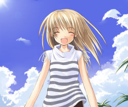 Rule 34 | 1girl, artist request, blonde hair, blush, character request, closed eyes, cloud, fang, long hair, open mouth, palm tree, shirt, sky, sleeveless, sleeveless shirt, smile, standing, striped clothes, striped shirt, sun, tree, white shirt