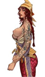 Rule 34 | 1girl, braid, breasts, hat, highres, historically accurate costume, holding own arm, leggings, long hair, medium breasts, mossacannibalis, nipples, original, parted lips, red hair, scythian, sword, tattoo, weapon, white background