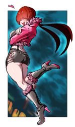 Rule 34 | 1girl, ass, boots, breasts, clothing cutout, cropped jacket, doodle shark, hair over eyes, high heel boots, high heels, highres, long hair, miniskirt, red hair, shermie (kof), skirt, solo, the king of fighters, the king of fighters xv, twintails