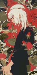 Rule 34 | 1girl, black shirt, closed mouth, flower, from side, highres, ka (marukogedago), leaf, long hair, long sleeves, multicolored hair, original, own hands together, plant, profile, red flower, red hair, shirt, solo, standing, two-tone hair, upper body, white hair