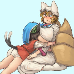 Rule 34 | 2girls, animal ears, animal hat, aqua background, belly, between breasts, blonde hair, blush, breast smother, breasts, brown eyes, brown hair, cat ears, cat tail, chanta (ayatakaoisii), chen, face between breasts, face to breasts, fox tail, green hat, hat, head between breasts, hug, huge breasts, kneepits, long skirt, long sleeves, mob cap, multiple girls, multiple tails, panties, plump, red skirt, red vest, shirt, short hair, simple background, sitting, size difference, skirt, skirt set, slit pupils, socks, sweatdrop, tabard, tail, teal background, thick thighs, thighs, touhou, two tails, underwear, vest, white legwear, white panties, white shirt, white skirt, yakumo ran