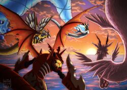 Rule 34 | digimon, digimon (creature), digital hazard, dragon, flying, four great dragons, goddramon, holydramon, horns, megidramon, qinglongmon, sky, sun, wings