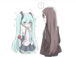 Rule 34 | 2girls, ?, aqua eyes, aqua hair, aqua necktie, arms behind back, bare shoulders, black skirt, black sleeves, blush, brown hair, brown jacket, commentary, detached sleeves, flower, grey shirt, hair ornament, hands in pockets, hatsune miku, holding, holding flower, jacket, long hair, looking at another, looking away, master (vocaloid), multiple girls, necktie, nejikyuu, shirt, shoulder tattoo, skirt, sleeveless, sleeveless shirt, smile, spoken question mark, tattoo, thighhighs, twintails, upper body, very long hair, vocaloid, white background, zettai ryouiki