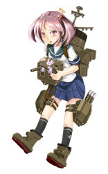 Rule 34 | 10s, 1girl, bad id, bad pixiv id, full body, hair bobbles, hair ornament, kantai collection, kneehighs, kuro kosyou, looking at viewer, machinery, open mouth, pleated skirt, purple eyes, purple hair, sazanami (kancolle), school uniform, serafuku, simple background, skirt, socks, solo, turret, twintails, white background