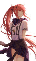 Rule 34 | 1girl, arms behind back, black ribbon, black sweater, blue skirt, clothes around waist, cowboy shot, floating hair, goggles, goggles on head, hair ribbon, highres, jewelry, long hair, looking to the side, necklace, original, pleated skirt, ponytail, red hair, ribbon, shirt, short sleeves, simple background, skirt, solo, standing, sweater, sweater around waist, unworn sweater, very long hair, white background, white shirt, xing muhen