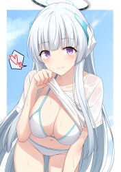 Rule 34 | 1girl, akahi242, alternate costume, blue archive, blunt bangs, blush, breasts, cleavage, closed mouth, grey hair, hair ornament, halo, heart, highres, hime cut, large breasts, leaning forward, long hair, looking at viewer, mechanical halo, noa (blue archive), outside border, purple eyes, shirt, sky, smile, solo, split mouth, spoken heart, sweat, swimsuit