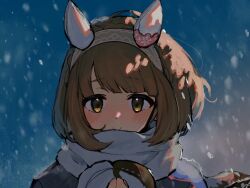 Rule 34 | 1girl, alternate costume, animal ears, blue background, brown eyes, brown hair, closed mouth, commentary request, headband, highres, holding hands, horse ears, looking at viewer, mittens, portrait, pov, pov hands, scarf, smile, snow, solo, tarako, umamusume, winter uniform, yukino bijin (umamusume)