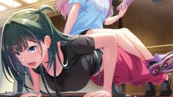 Rule 34 | 2girls, blue eyes, bottle, breasts, cleavage, copyright notice, cygames, dripping, exercising, green hair, hair ornament, hairclip, highres, holding, holding bottle, idoly pride, komiyama ai, large breasts, lights, messy hair, mirror, multiple girls, nervous sweating, official art, on floor, open mouth, pants, pink hair, push-ups, room, shirt, shoes, sitting, sitting on person, sweat, sweatpants, sweaty clothes, t-shirt, very sweaty, water bottle