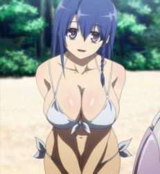 Rule 34 | 10s, 1girl, bikini, blue hair, breasts, cleavage, female focus, hundred (light novel), kashiwagi miharu, large breasts, long hair, screencap, sitting, smile, solo, stitched, swimsuit, third-party edit