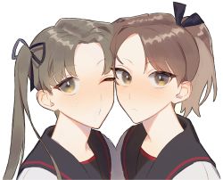 Rule 34 | 2girls, ayanami (kancolle), ayanami kai ni (kancolle), bad id, bad twitter id, black ribbon, black sailor collar, blush, brown hair, closed mouth, commentary, grey hair, hair ribbon, highres, kantai collection, long hair, looking at viewer, multiple girls, one eye closed, ponytail, portrait, puckered lips, ribbon, sailor collar, shikinami (kancolle), shikinami kai ni (kancolle), side ponytail, simple background, su konbu, symbol-only commentary, white background, yellow eyes