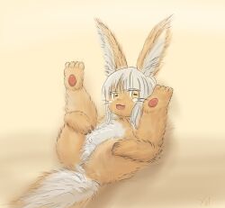 Rule 34 | 1other, absurdres, animal ears, animal hands, belly, flatculture, furry, grey hair, highres, hugging own legs, legs up, looking at viewer, lying, made in abyss, nanachi (made in abyss), on back, presenting, rabbit, rabbit ears, self-upload, sketch, smile, tail, whiskers, yellow eyes