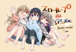 Rule 34 | 3girls, :o, ;d, ahoge, announcement celebration, bare legs, barefoot, black pants, blue eyes, blue hair, blush, camouflage, closed mouth, commentary request, copyright name, denim, denim shorts, full body, grey hair, highres, hood, hoodie, light brown hair, long hair, looking at viewer, minagi hiyori, minagi koharu, multiple girls, official art, one eye closed, open clothes, open hoodie, open mouth, pants, pants rolled up, pink hoodie, purple eyes, red eyes, shirt, short hair, shorts, sidelocks, signature, simple background, sitting, slow loop, smile, striped clothes, striped shirt, stuffed animal, stuffed fish, stuffed toy, thank you, translation request, twintails, two side up, uchino maiko, yellow background, yoshinaga koi