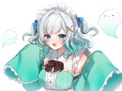 Rule 34 | 1girl, absurdres, aqua hair, blue eyes, blush, bow, breasts, dress, frills, ghost, gradient hair, green dress, green hair, hair bow, highres, indie virtual youtuber, looking at viewer, maid, maid headdress, maru ccy, medium breasts, mint fantome, multicolored hair, open mouth, sleeves past fingers, sleeves past wrists, smile, solo, triangular headpiece, two side up, virtual youtuber, white hair