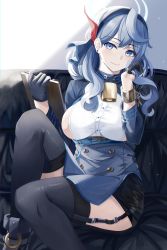 Rule 34 | 1girl, ako (blue archive), bell, black gloves, black skirt, black thighhighs, blue archive, blue eyes, blue hair, blue ribbon, breasts, chain, closed mouth, couch, dress, eye piercing, garter straps, gloves, hair ribbon, half gloves, hand up, highres, holding, holding notepad, long hair, looking at viewer, medium breasts, neck bell, nicky w, notepad, red ribbon, ribbon, simple background, sitting, skirt, smile, solo, thighhighs