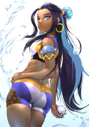 Rule 34 | 1girl, absurdres, amanesan, aqua eyes, aqua hair, armband, ass, back, bike shorts, black hair, breasts, cowboy shot, creatures (company), dark-skinned female, dark skin, earrings, from behind, game freak, gym leader, hair bobbles, hair ornament, hand on own hip, highres, hoop earrings, huge ass, jewelry, lips, long hair, looking at viewer, medium breasts, multicolored hair, nessa (pokemon), nintendo, parted lips, poke ball, pokemon, pokemon swsh, simple background, solo, sports bra, straight hair, taut clothes, two-tone hair, water, water drop, white background
