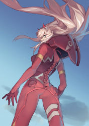 Rule 34 | 10s, 1girl, aqua eyes, ass, blue sky, bodysuit, breasts, cloud, cowboy shot, darling in the franxx, from behind, from below, hairband, highres, horns, long hair, looking at viewer, looking back, medium breasts, outdoors, pilot suit, pink hair, red bodysuit, rff (3 percent), sky, solo, standing, star (sky), starry sky, very long hair, white hairband, zero two (darling in the franxx)
