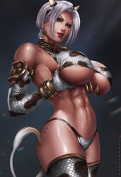 Rule 34 | 1girl, abs, adapted costume, animal ears, animal print, armlet, bare shoulders, bell, blue eyes, bracelet, bracer, breast lift, breasts, claw (weapon), collar, cow ears, cow girl, cow horns, cow print, cow tail, cowbell, cowboy shot, dandon fuga, earrings, elbow gloves, fingerless gloves, fingernails, from side, gloves, hairband, highleg, highleg panties, horns, huge breasts, isabella valentine, jewelry, lipstick, looking at viewer, makeup, navel, neck bell, nose piercing, nose ring, panties, parted bangs, parted lips, piercing, red lips, revealing clothes, shiny skin, short hair, silver hair, solo, soul calibur, standing, tail, tattoo, thighhighs, underboob, underwear, weapon