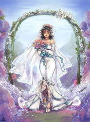 Rule 34 | 1girl, anoushka russell, ayamine kei, black hair, bouquet, bridal veil, choker, collarbone, commentary, commission, dress, elbow gloves, english commentary, flower, gloves, hair flower, hair ornament, highres, holding, holding bouquet, jewelry, medium hair, muv-luv, necklace, parted lips, pink flower, purple eyes, purple flower, red flower, smile, solo, tulip, veil, wedding dress, white dress, white footwear, white gloves