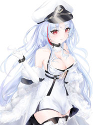 Rule 34 | 1girl, absurdres, azur lane, boots, breasts, cleavage, coat, cross-laced footwear, elbow gloves, fur-trimmed coat, fur trim, gloves, hat, highres, large breasts, multicolored hair, open clothes, open coat, peaked cap, red eyes, red hair, simple background, solo, streaked hair, sutaa, tallinn (azur lane), thigh boots, thighhighs, two-tone hair, white background, white coat, white gloves, white hat, wrist cuffs, zettai ryouiki