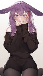 Rule 34 | 1girl, :p, animal ears, bare shoulders, black pantyhose, black sweater, closed mouth, commentary, gradient background, hair ribbon, hands up, highres, looking at viewer, off-shoulder sweater, off shoulder, original, pantyhose, purple eyes, purple hair, rabbit ears, red ribbon, ribbon, shimatori (sanyyyy), simple background, sitting, sleeves past wrists, solo, sweater, symbol-only commentary, tongue, tongue out, wariza