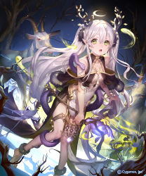 Rule 34 | 1girl, animal, antlers, bare shoulders, barefoot, breasts, cernunnos (shadowverse), character request, commentary request, copyright notice, dress, eyebrows hidden by hair, glowing, goat, green eyes, hair between eyes, halo, holding, holding staff, horizontal pupils, horns, liiko, long hair, looking at viewer, official art, open mouth, pelvic curtain, red eyes, shadowverse, short eyebrows, silver hair, small breasts, snake, solo, staff, standing, standing on one leg, thick eyebrows, tree, twintails, very long hair, watermark, white dress