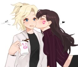 Rule 34 | 2girls, bad id, bad twitter id, blonde hair, blue eyes, blush, brown hair, casual, closed eyes, coffee, coffee cup, cup, d.va (overwatch), disposable cup, facepaint, facial mark, giji-p, heart, kiss, kissing cheek, lab coat, long hair, mercy (overwatch), multiple girls, overwatch, overwatch 1, ponytail, simple background, spill, surprised, swept bangs, whisker markings, white background, yuri