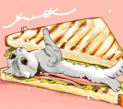 Rule 34 | animal, animal focus, animal hands, cat, closed mouth, commentary, food, food focus, fur, grey cat, ham, highres, lettuce, looking at viewer, no humans, original, pink background, sandwich, sandwiched, signature, simple background, sparkle, surumeika (ninfiiiir), upside-down, yellow eyes
