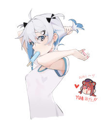 Rule 34 | 1girl, absurdres, ahoge, arm behind head, arm up, blue eyes, breasts, bs0, character name, character request, chibi, chibi inset, chinese text, colored inner hair, earrings, food, hair intakes, hair ornament, hair tie, hairclip, hand up, heart, heart-shaped eyes, highres, jewelry, looking at viewer, medium hair, mouth hold, multicolored hair, nijisanji, popsicle, shirt, short sleeves, sidelocks, simple background, small breasts, stud earrings, tying hair, upper body, virtual youtuber, virtuareal, wet, wet hair, white background, white shirt, yua (virtuareal)