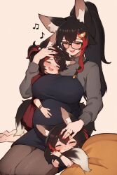 Rule 34 | 3girls, aged up, animal ear fluff, animal ears, black hair, blush, breasts, hair between eyes, hair ornament, hairclip, highres, hololive, jewelry, large breasts, long hair, mature female, mother and daughter, multicolored hair, multiple girls, ookami mio, open mouth, pregnant, red hair, ring, smile, streaked hair, tail, varniskarnis, virtual youtuber, wedding ring, wolf ears, wolf girl, wolf tail, yellow eyes