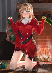 Rule 34 | 1girl, antlers, belt, black belt, blue eyes, blush, boots, bottle, box, braid, brown footwear, burnt clothes, dress, drunk, furnace, gift, gift box, high heel boots, high heels, highres, holding, holding bottle, horns, kantai collection, light brown hair, long hair, long sleeves, mayura (lucadia), official alternate costume, parted lips, ranger (kancolle), red dress, reindeer antlers, solo