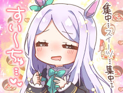 Rule 34 | 1girl, :d, = =, animal ears, black jacket, blush, bow, chibi, closed eyes, drooling, ear ribbon, green bow, green ribbon, heart, highres, horse ears, jacket, jako (jakoo21), long hair, long sleeves, mejiro mcqueen (umamusume), mouth drool, open mouth, parted bangs, purple hair, ribbon, sleeves past wrists, smile, solo, sparkle, translation request, umamusume, upper body, very long hair