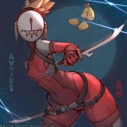 Rule 34 | 1girl, banana, belt, blonde hair, blue background, bodysuit, breasts, chinese commentary, covered face, covered navel, dagger, dual wielding, facebook username, food, fruit, holding, holding dagger, holding knife, holding weapon, knife, leaning to the side, mask, nintendo, ponytail, red bodysuit, reverse grip, small breasts, solo, the legend of zelda, the legend of zelda: breath of the wild, watermark, weapon, web address, wide hips, yiga clan, yiga clan footsoldier, zhaoyebai