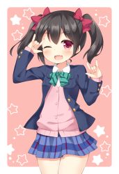 Rule 34 | 10s, 1girl, ;d, \m/, black hair, blazer, blush, bow, bowtie, buttons, cardigan, customer (carrack), double \m/, fang, framed, hair bow, jacket, looking at viewer, love live!, love live! school idol project, nico nico nii, one eye closed, open clothes, open jacket, open mouth, outside border, pleated skirt, red eyes, school uniform, shirt, short hair, short twintails, simple background, skirt, smile, solo, standing, star (symbol), starry background, twintails, white shirt, yazawa nico