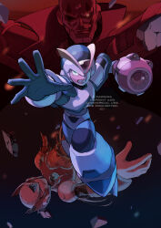 Rule 34 | 3boys, absurdres, android, angry, arm cannon, bald, cape, chin, clenched teeth, commentary request, crying, english text, evil smile, facepaint, first armor x (mega man), green eyes, highres, injury, male focus, mega man (series), mega man x1, mega man x (series), multiple boys, severed arm, severed limb, severed torso, sigma (mega man), smile, tanaka (is2 p), teeth, weapon, x (mega man), zero (mega man)