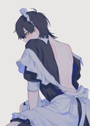 Rule 34 | 1boy, absurdres, apron, arm between legs, back, black dress, black hair, blue eyes, blush, commentary request, crossdressing, dress, ear blush, frilled apron, frills, from behind, hair between eyes, highres, hiiragi hiiro, maid, maid headdress, male focus, male maid, open clothes, open dress, original, short hair, shy, solo, sweat, upper body, white apron, white background