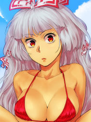Rule 34 | 1girl, bare shoulders, bikini, blue sky, bow, breasts, cloud, collarbone, commentary request, day, eyelashes, fujiwara no mokou, hair bow, halterneck, large breasts, lips, long hair, looking at viewer, outdoors, red bikini, red eyes, shinburu, shrugging, silver hair, sky, solo, swimsuit, touhou, upper body, white bow