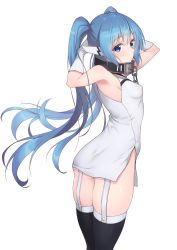 Rule 34 | 1girl, arms behind head, ass, bare shoulders, black thighhighs, blue eyes, blue hair, breasts, broken, broken chain, chain, collar, covered erect nipples, dress, from behind, garter straps, gloves, highres, long hair, looking at viewer, looking back, momihige, nymph (sora no otoshimono), robot ears, skindentation, sleeveless, sleeveless dress, small breasts, solo, sora no otoshimono, thighhighs, thighs, twintails, very long hair, white background, white dress, white gloves