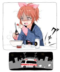 Rule 34 | 1girl, abe nana, ambulance, beer can, blush, bowl, brown eyes, brown hair, can, comic, drink can, empty eyes, food, gomennasai, hair ribbon, holding, holding scissors, idolmaster, idolmaster cinderella girls, long sleeves, night, noodles, open clothes, open mouth, packet, pink ribbon, pink shirt, ponytail, ribbon, scissors, shaded face, shirt, skyline, sleeves past wrists, soba, solo, star (symbol), translation request, upper body, v-shaped eyebrows