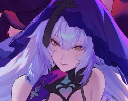 Rule 34 | 1girl, bare shoulders, black swan (honkai: star rail), card, commentary, gloves, highres, holding, holding card, honkai: star rail, honkai (series), long hair, portrait, purple gloves, purple hair, ricin, solo, unfinished, veil, yellow eyes