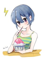 Rule 34 | 1girl, camisole, eating, food, highres, mint (mintlemonade3), purple eyes, shaved ice, shima rin, short hair, simple background, solo, striped camisole, yurucamp
