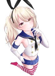 1girl alternate_hairstyle black_panties blonde_hair blue_sailor_collar blue_skirt blush closed_mouth collarbone crop_top elbow_gloves full_body gloves highleg highleg_panties highres kantai_collection kirigakure_(kirigakure_tantei_jimusho) long_hair miniskirt panties pleated_skirt sailor_collar school_uniform serafuku shimakaze_(kancolle) simple_background skirt sleeveless smile solo twintails underwear white_background white_gloves yellow_eyes