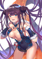 Rule 34 | 1girl, absurdres, bare shoulders, black dress, blue dress, blue eyes, blunt bangs, blush, breasts, center opening, china dress, chinese clothes, cleavage, covered navel, detached sleeves, double bun, dress, fate/grand order, fate (series), hair bun, hair ornament, hands on own chest, highres, ko-ma, large breasts, long hair, looking at viewer, open mouth, purple hair, sidelocks, simple background, smile, solo, thighs, twintails, two-tone dress, very long hair, white background, yang guifei (fate), yang guifei (first ascension) (fate), yang guifei (second ascension) (fate)