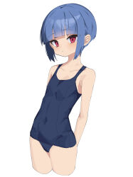 Rule 34 | 1girl, absurdres, arms behind back, bare shoulders, blue one-piece swimsuit, blunt bangs, blush, breasts, closed mouth, commentary, cowboy shot, cropped legs, expressionless, highres, looking at viewer, myakuro, one-piece swimsuit, original, red eyes, school swimsuit, sideways glance, simple background, small breasts, solo, swimsuit, tsurime, white background