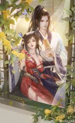Rule 34 | 1boy, 1girl, bare shoulders, brown hair, bug, butterfly, character request, chi lian (qin shi ming yue), curtains, dixin jumin li huahua, dress, falling petals, highres, insect, leaning on person, looking up, parted lips, petals, ponytail, qinshi mingyue, red dress, second-party source, sitting, upper body, window, windowsill