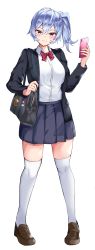 Rule 34 | 1girl, absurdres, black jacket, blazer, blue eyes, blue hair, blue skirt, bow, bowtie, brown footwear, cellphone, full body, highres, holding, holding phone, jacket, loafers, long sleeves, masaki nanaya, original, over-kneehighs, phone, pleated skirt, red bow, red bowtie, school uniform, shirt, shoes, side ponytail, simple background, skirt, smartphone, solo, standing, thighhighs, white background, white shirt, white thighhighs
