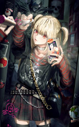 Rule 34 | 1girl, absurdres, amane misa, black skirt, blonde hair, blouse, choker, cross, death note, earrings, goth fashion, gothic lolita, highres, holding, holding phone, indoors, jewelry, lolita fashion, long hair, looking at viewer, mirror, necklace, ossan zabi 190, phone, red eyes, reflection, rem (death note), shinigami, shirt, skirt, smile, striped clothes, striped shirt, thighhighs, two side up