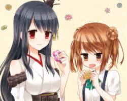 Rule 34 | 10s, 2girls, bare shoulders, black hair, bow, bowtie, breasts, brown eyes, cookie, detached sleeves, double bun, food, fusou (kancolle), hair bun, hair ornament, japanese clothes, kantai collection, large breasts, light brown hair, long hair, michishio (kancolle), momoiro, multiple girls, nontraditional miko, red eyes, smile, suspenders, tongue, tongue out