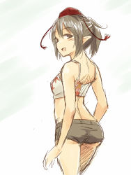 Rule 34 | 1girl, from behind, hat, looking at viewer, looking back, midriff, open mouth, pointy ears, shameimaru aya, short hair, short shorts, shorts, sketch, smile, solo, tokin hat, touhou, yudepii