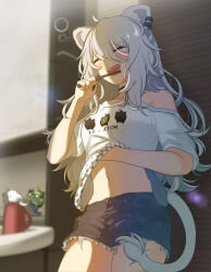 Rule 34 | 1girl, absurdres, animal ears, brushing teeth, closed eyes, clothes lift, cowboy shot, cup, ear piercing, grey hair, highres, holding, holding toothbrush, hololive, indoors, lifted by self, lion ears, lion tail, long hair, midori no iroha, midriff, navel, off shoulder, open mouth, piercing, print shirt, shirt, shirt lift, shishiro botan, shishiro botan (casual), short shorts, short sleeves, shorts, solo, ssrb (shishiro botan), standing, tail, toothbrush, virtual youtuber, white shirt