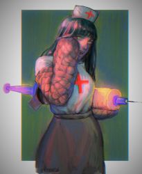 Rule 34 | 1girl, artist name, black hair, chromatic aberration, cross, dorohedoro, female focus, green eyes, grey skirt, hat, highres, holding, holding syringe, long hair, looking at viewer, nurse, nurse cap, open mouth, r3p4aty bow, signature, skirt, solo, spoilers, syringe, teeth, turkey (dorohedoro), white hat